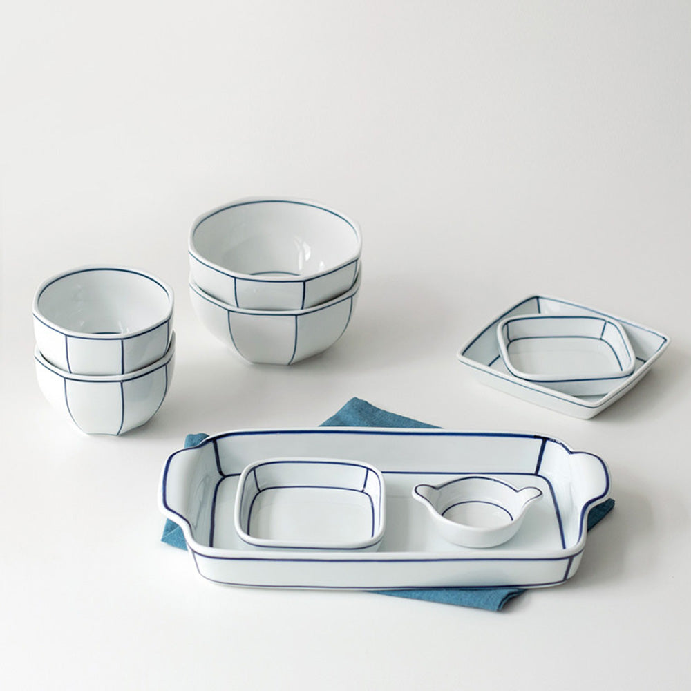 Kim Seok Binn Korean Dinnerware - Blue Line 2-Person Set A (Polygon Rice & Soup Bowls)