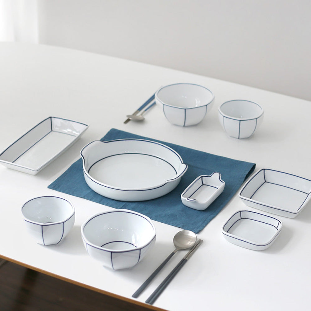 Kim Seok Binn Korean Dinnerware - Blue Line 2-Person Set B (Polygon Rice & Soup Bowls)