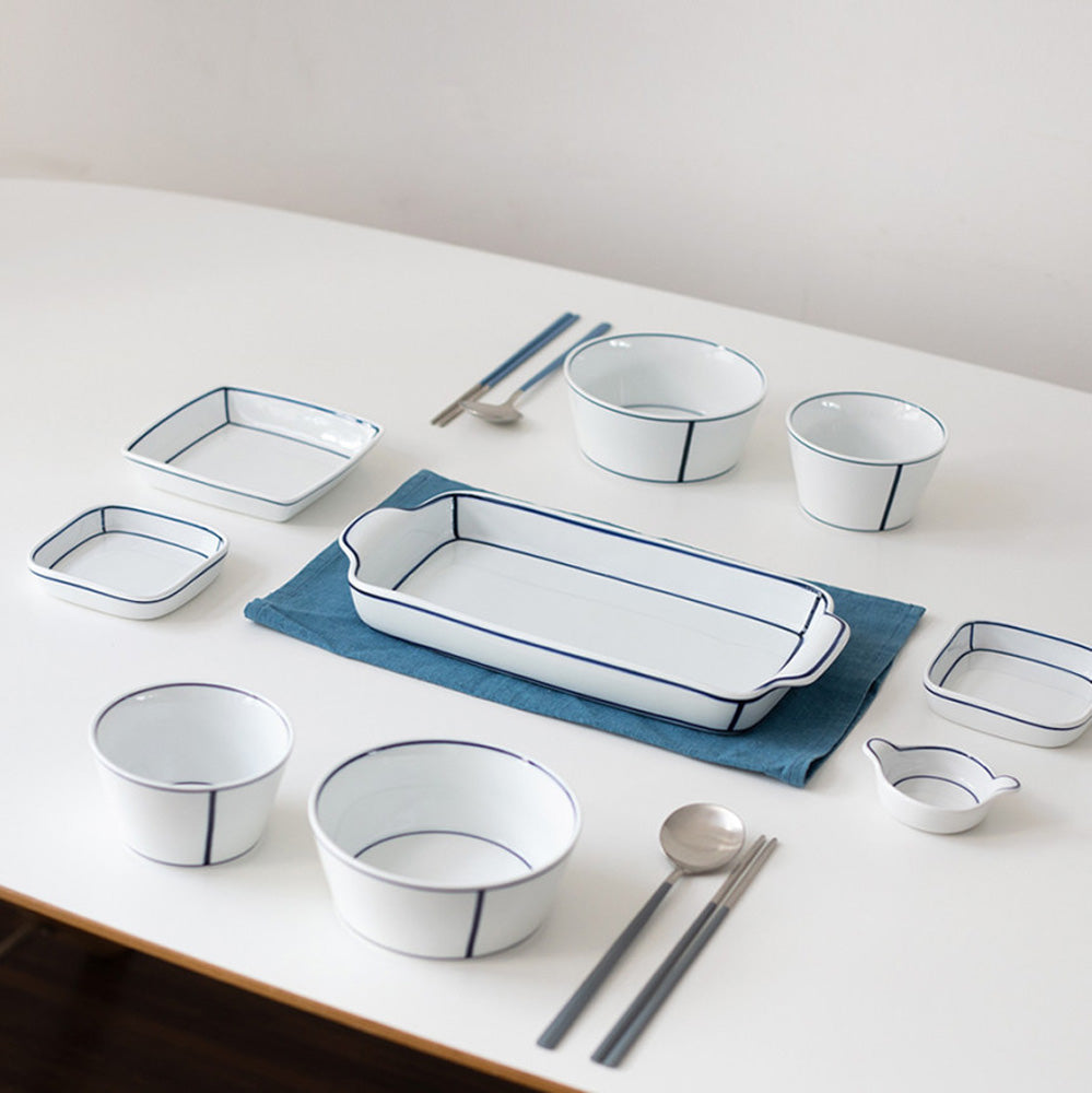 Kim Seok Binn Korean Dinnerware - Blue Line 2-Person Set A (Round Rice & Soup Bowls)