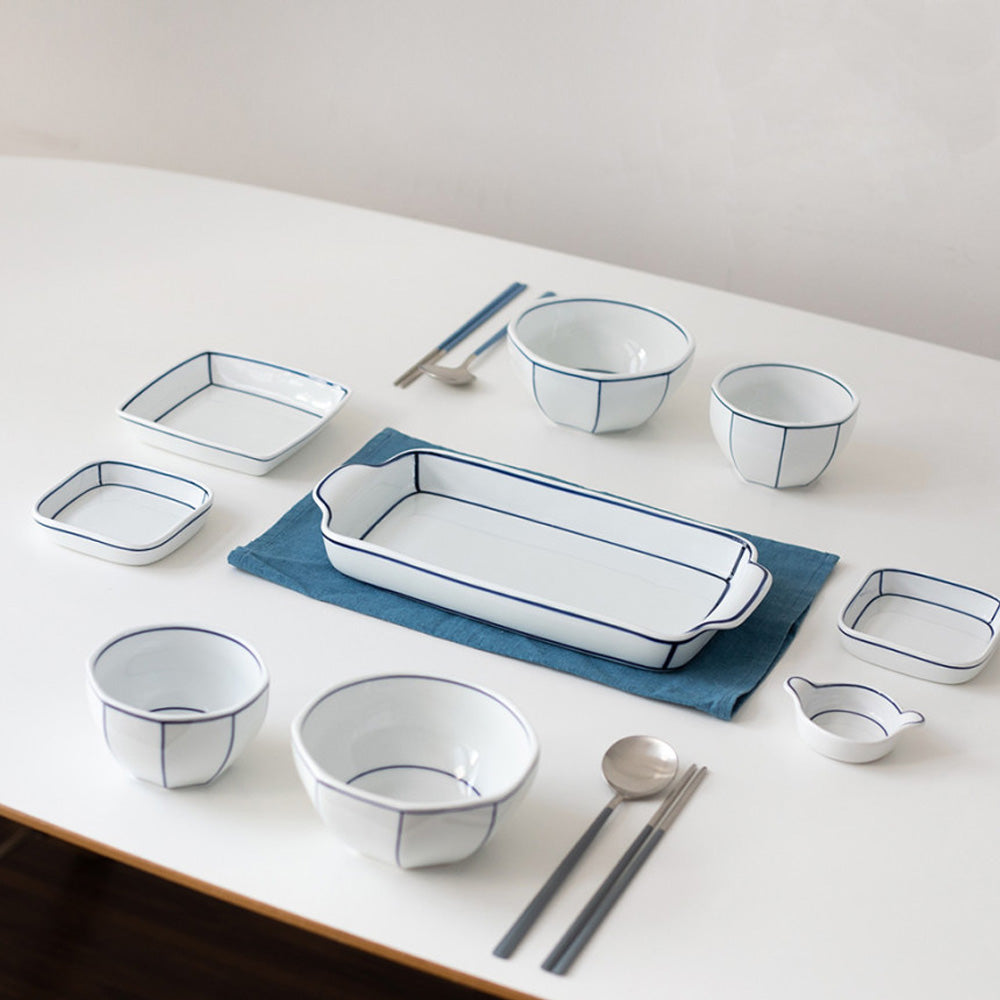 Kim Seok Binn Korean Dinnerware - Blue Line 2-Person Set A (Polygon Rice & Soup Bowls)