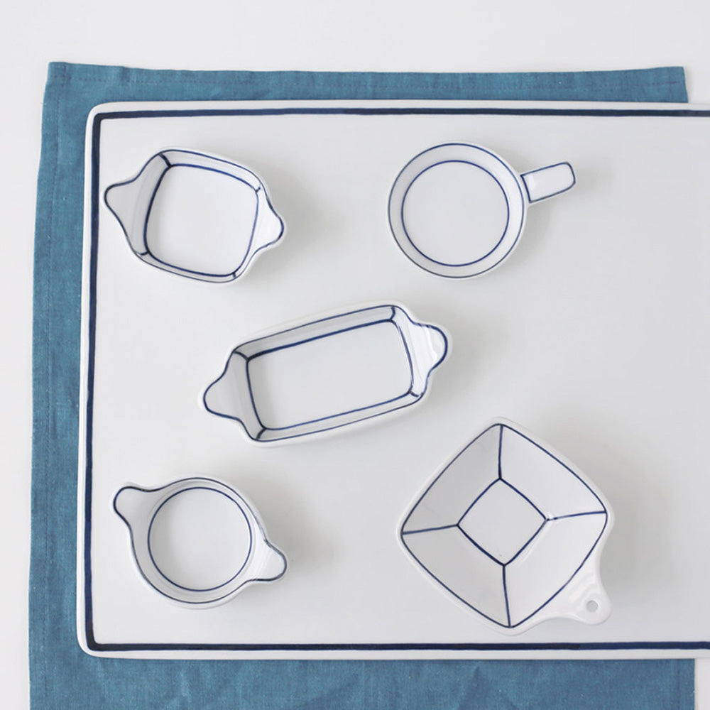 Kim Seok Binn Korean Dinnerware - Blue Line Rectangular Sauce Dish with Handle