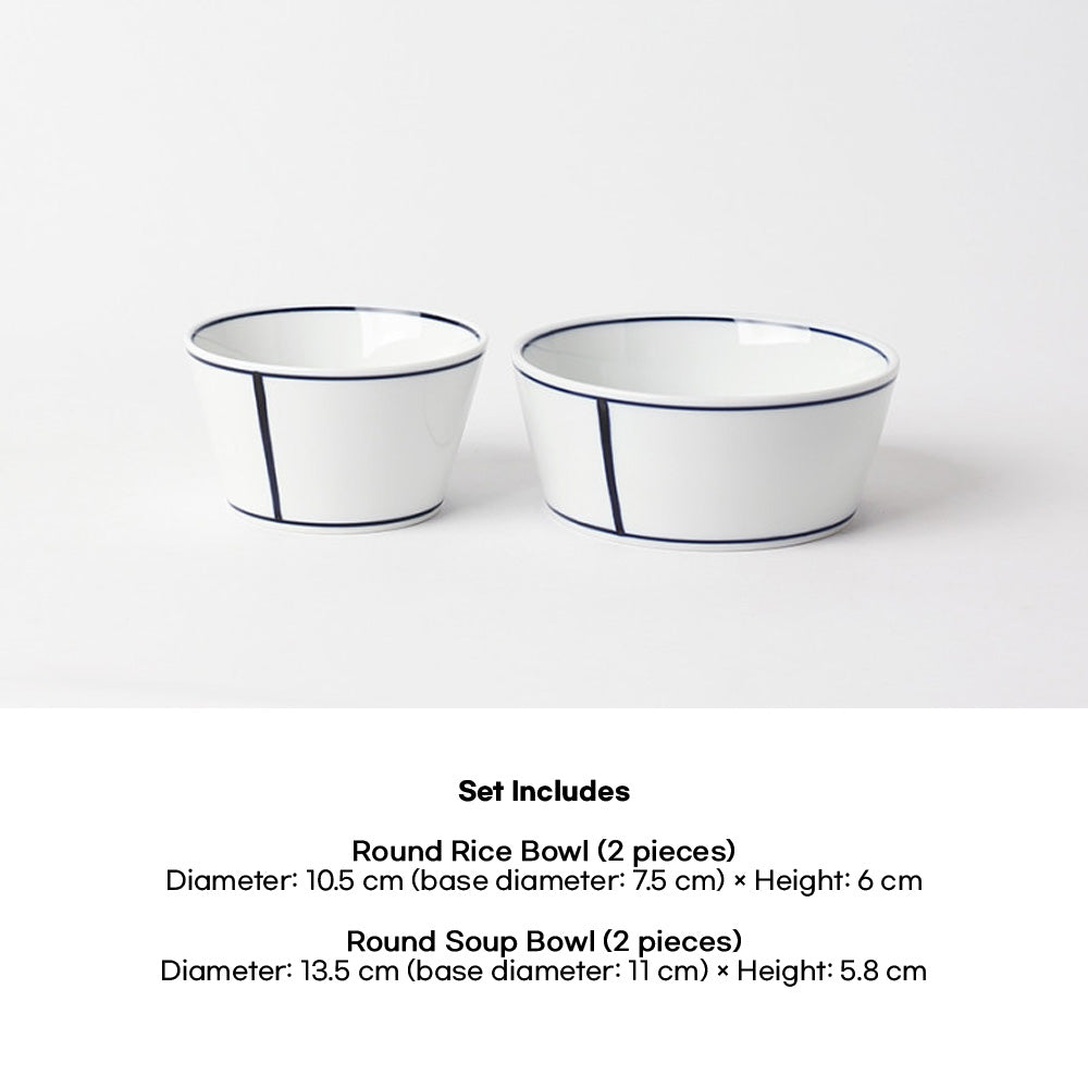 Kim Seok Binn Korean Dinnerware - Blue Line 2-Person Set A (Round Rice & Soup Bowls)