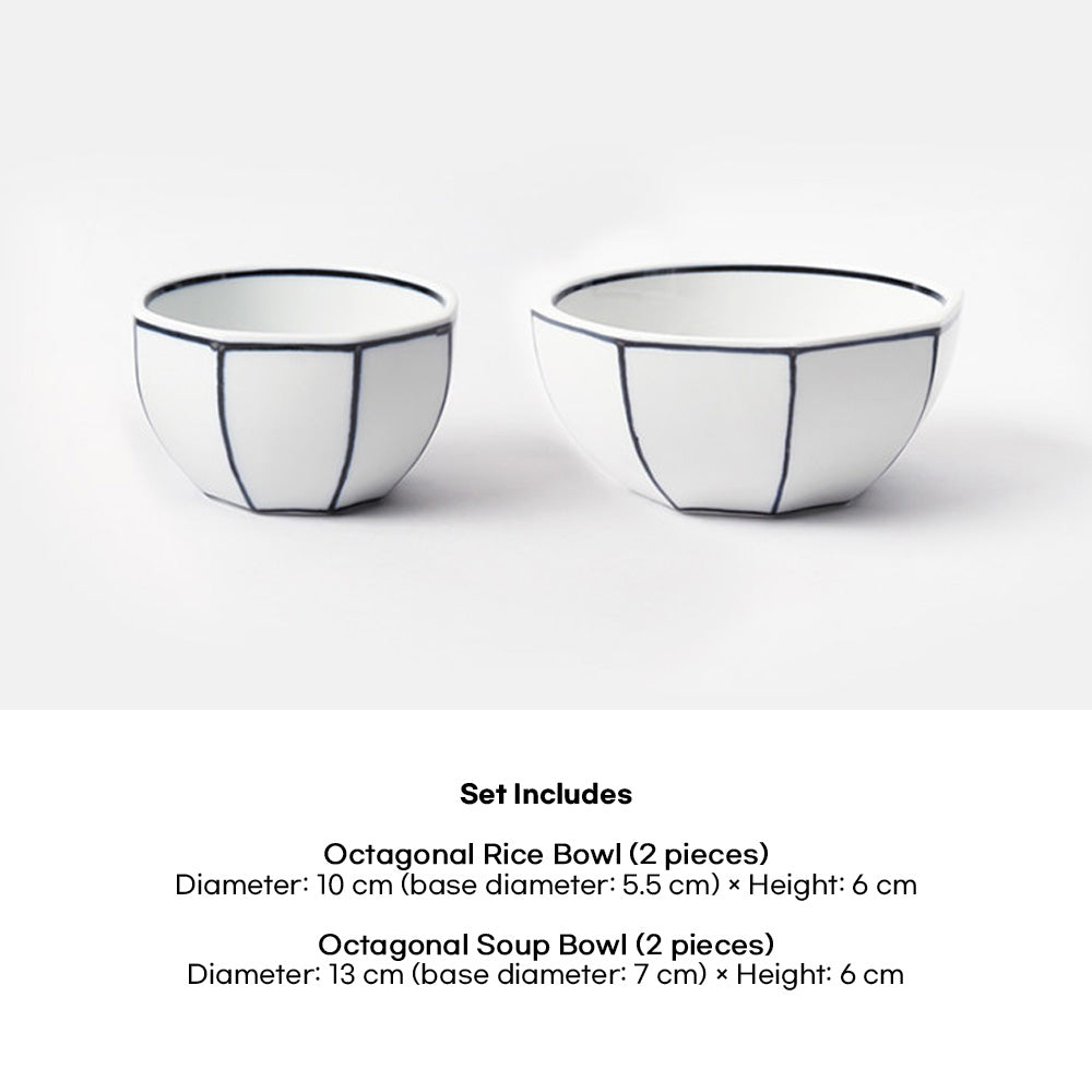 Kim Seok Binn Korean Dinnerware - Blue Line 2-Person Set B (Polygon Rice & Soup Bowls)