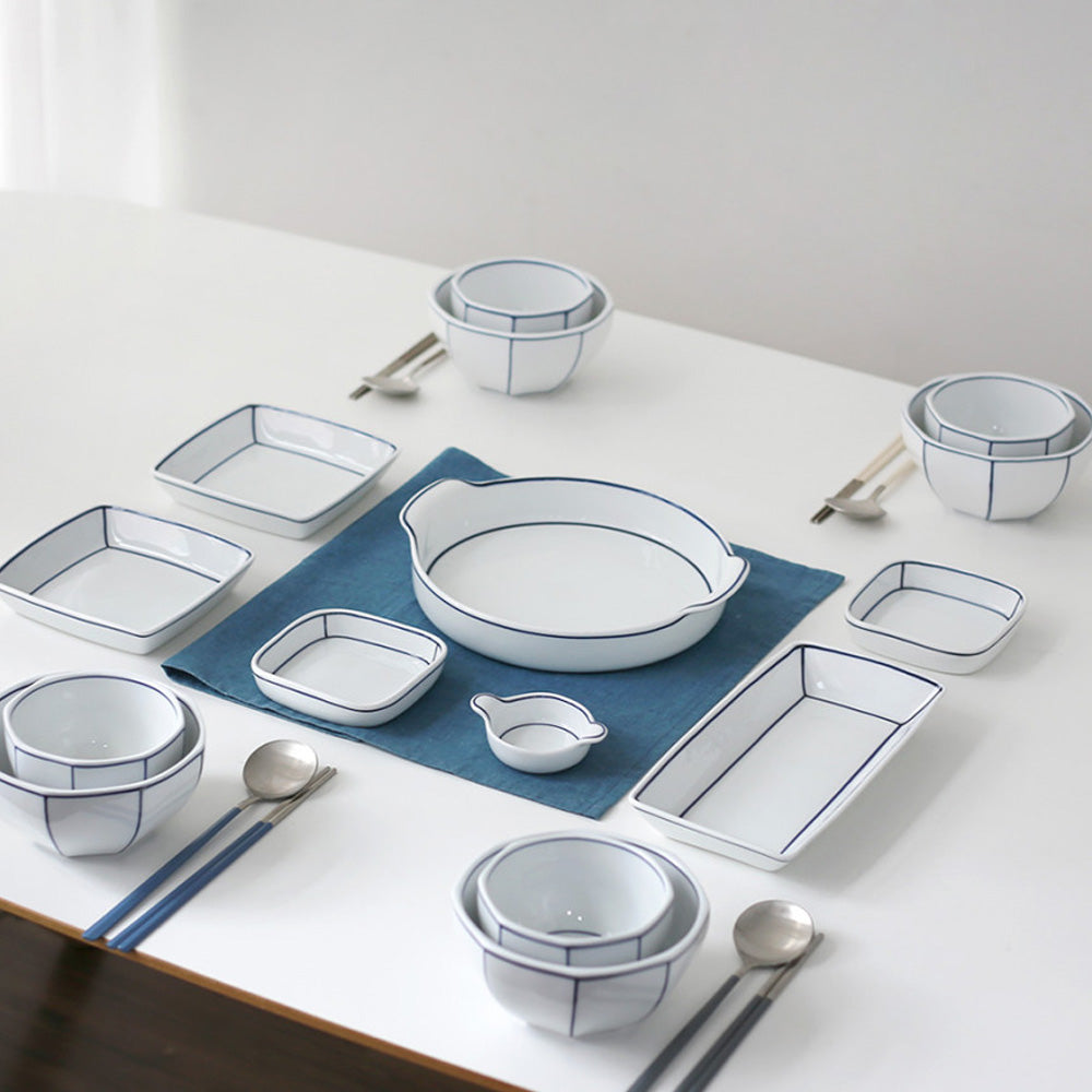 Kim Seok Binn Korean Dinnerware - Blue Line Round Sauce Dish with Handle