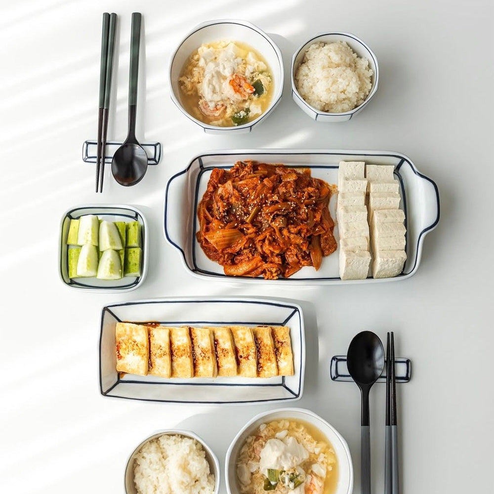 Kim Seok Binn Korean Dinnerware - Blue Line 2-Person Set A (Polygon Rice & Soup Bowls)
