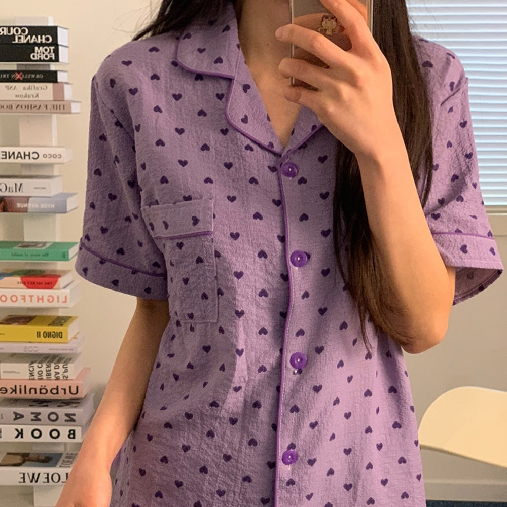 Seersucker Cute Pattern Pajama Set – Short Sleeve, Shorts Loungewear for Women
