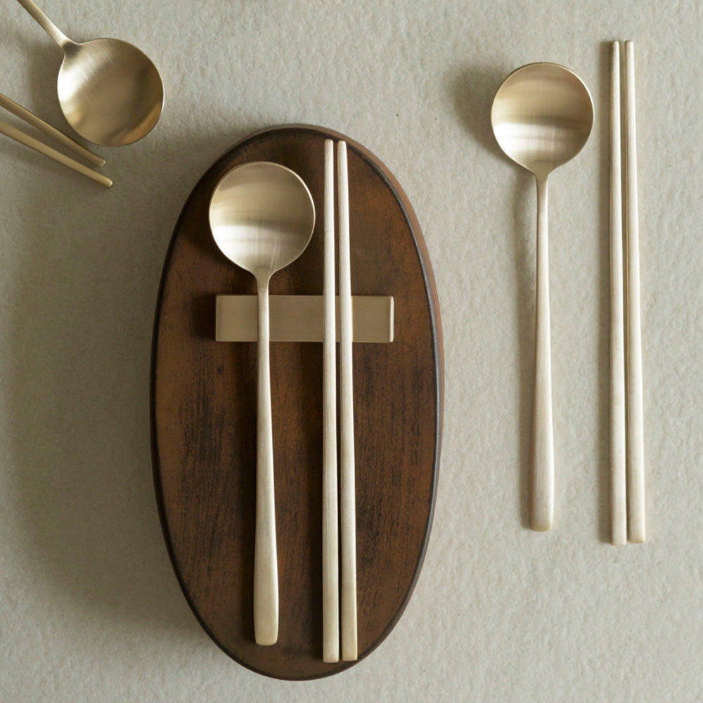 NOTDAM Bangjja Yugi Korean Flatware Set for 4 / Moon Spoon & Chopstick Set with Quilted Pouch
