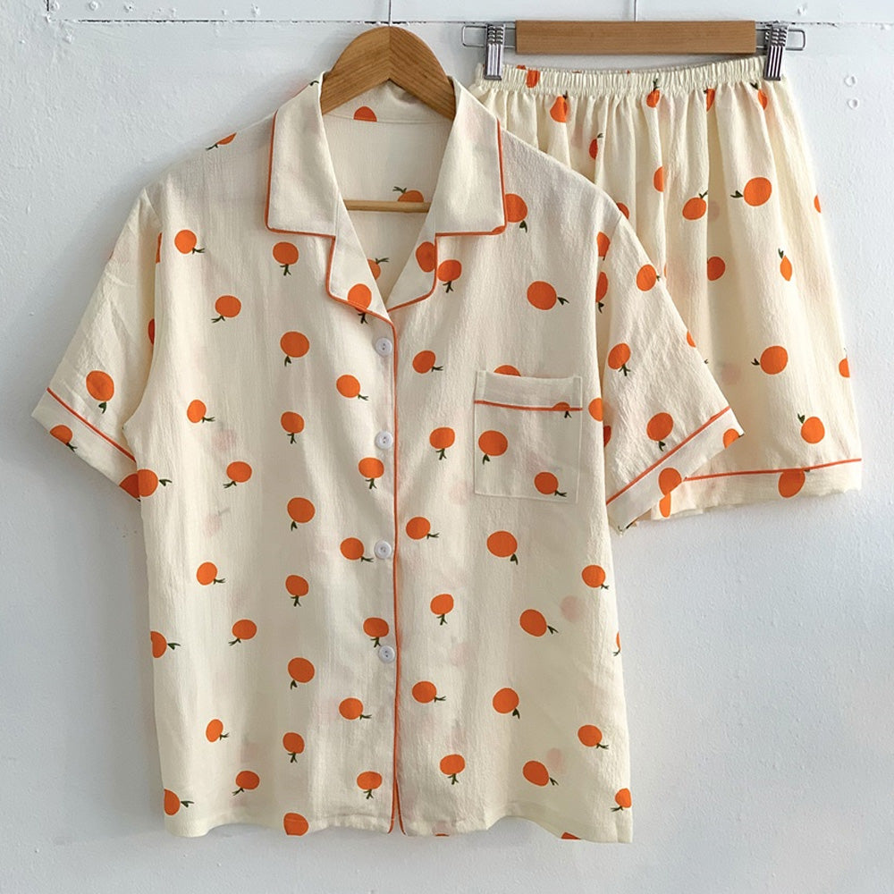 Seersucker Cute Pattern Pajama Set – Short Sleeve, Shorts Loungewear for Women