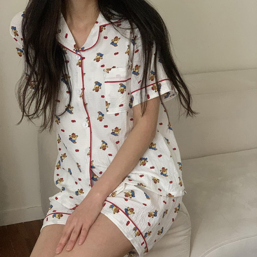 Seersucker Cute Pattern Pajama Set – Short Sleeve, Shorts Loungewear for Women