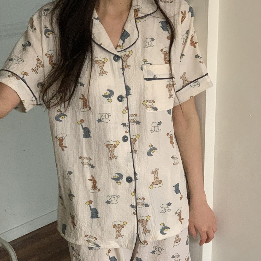 Seersucker Cute Pattern Pajama Set – Short Sleeve, Shorts Loungewear for Women