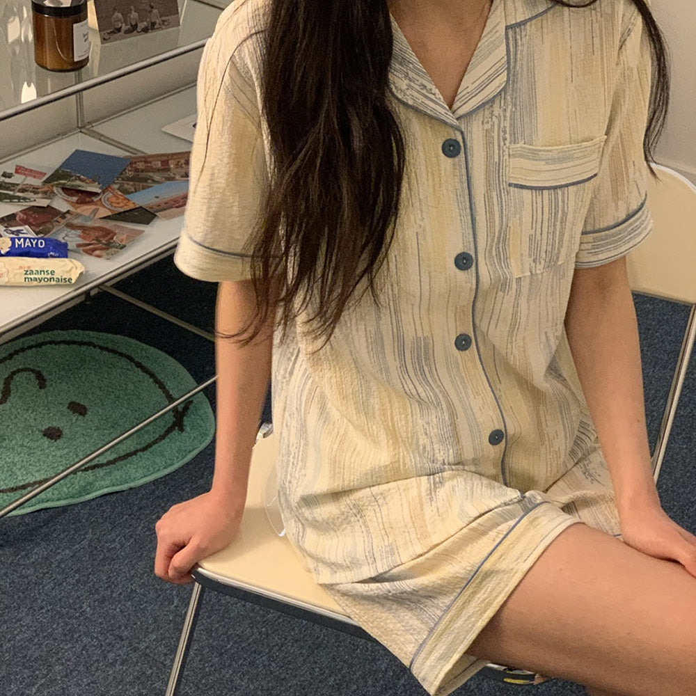 Seersucker Cute Pattern Pajama Set – Short Sleeve, Shorts Loungewear for Women