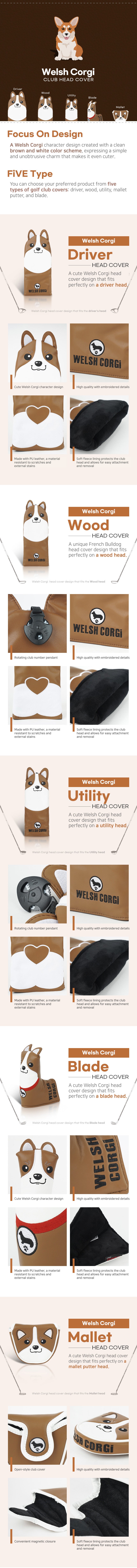 Detailed image of Welsh Corgi Golf Club Headcover – Driver, Wood, Hybrid, Putter Covers with Dog Design