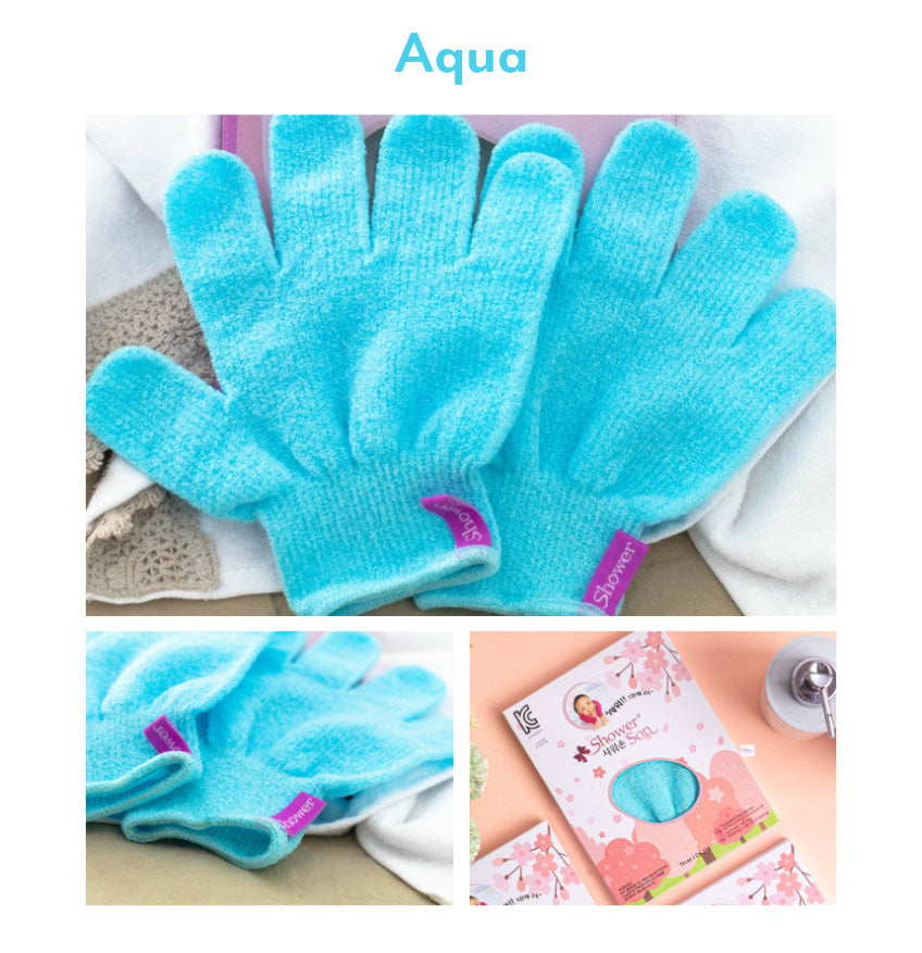 Aqua Korean exfoliating viscose gloves with packaging in multiple settings