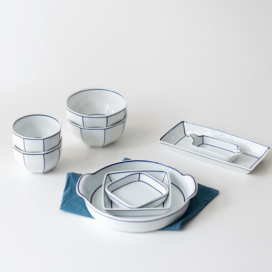 Kim Seok Binn Korean Dinnerware - Blue Line 2-Person Set B (Polygon Rice & Soup Bowls)