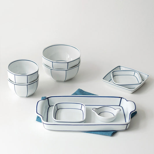 Kim Seok Binn Korean Dinnerware - Blue Line 2-Person Set A (Polygon Rice & Soup Bowls)