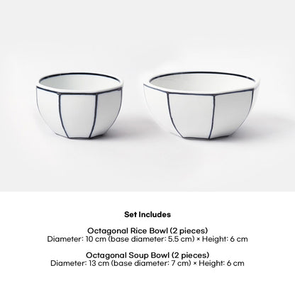 Kim Seok Binn Korean Dinnerware - Blue Line 2-Person Set A (Polygon Rice & Soup Bowls)