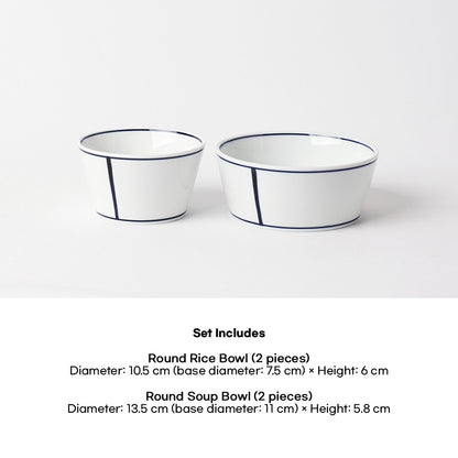 Kim Seok Binn Korean Dinnerware - Blue Line 2-Person Set A (Round Rice & Soup Bowls)