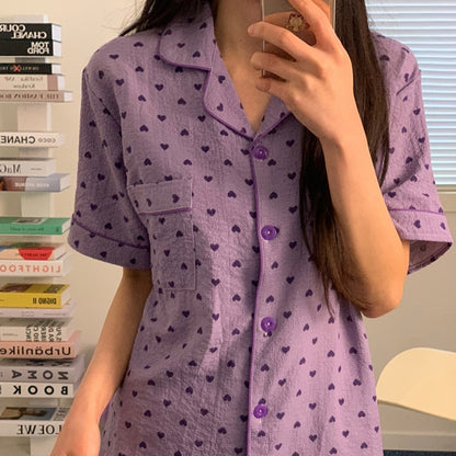 Seersucker Cute Pattern Pajama Set – Short Sleeve, Shorts Loungewear for Women