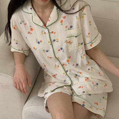 Seersucker Cute Pattern Pajama Set – Short Sleeve, Shorts Loungewear for Women
