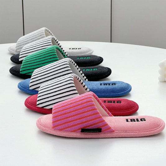 Korean Terry Stripe Non Slip Indoor Slippers, Cozy House Shoes for Men and Women
