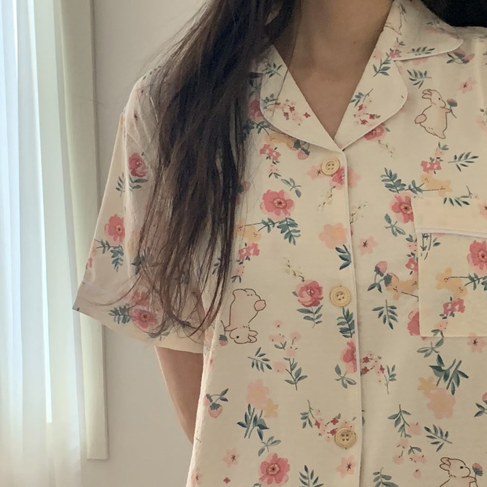Seersucker Cute Pattern Pajama Set – Short Sleeve, Shorts Loungewear for Women