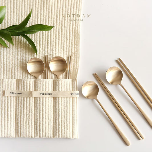 NOTDAM Bangjja Yugi Korean Flatware Set for 4 / Moon Spoon & Chopstick Set with Quilted Pouch