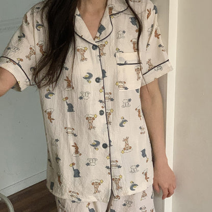 Seersucker Cute Pattern Pajama Set – Short Sleeve, Shorts Loungewear for Women