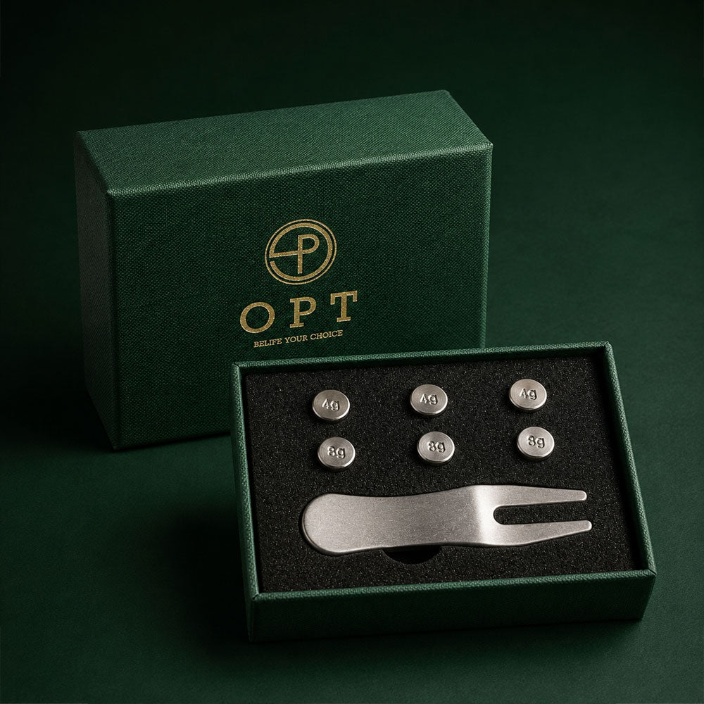 OPT Golf Balance Pin Swing Trainer set with weights and tool in green box