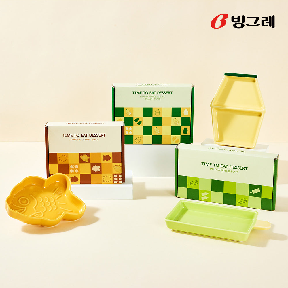 Assorted Binggrae dessert plates including banana milk bottle, popsicle, and fish shapes with packaging