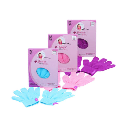 Set of Korean exfoliating viscose shower gloves in aqua, pink, and purple with packaging