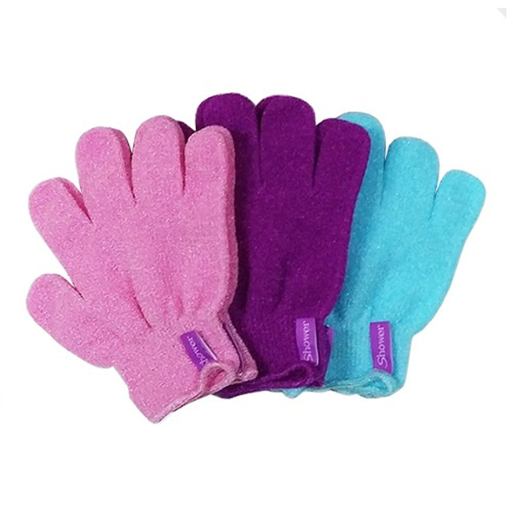 Three Korean exfoliating shower gloves in pink, purple, and aqua