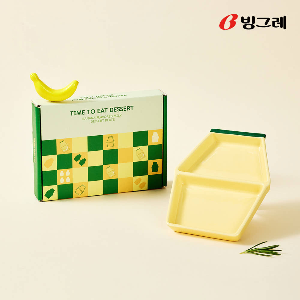 Binggrae Banana Flavored Milk bottle-shaped ceramic divided plate beside product box