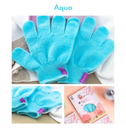 Aqua Korean exfoliating viscose gloves with packaging in multiple settings