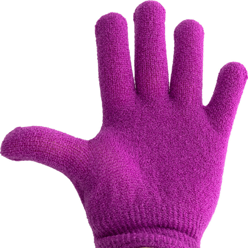 Purple Korean exfoliating shower glove on hand