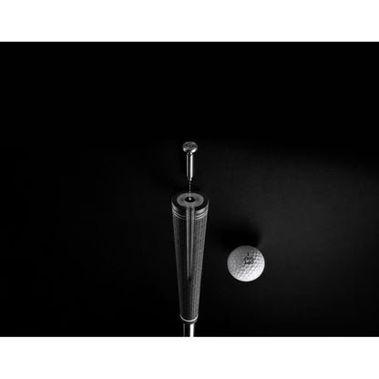 OPT Golf Balance Pin Swing Trainer weight positioned above a golf club grip with golf ball